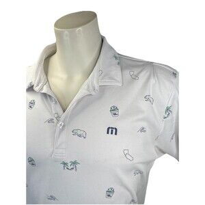 Travis Mathew Polo Shirt Mens XL White California Bear All Over Print